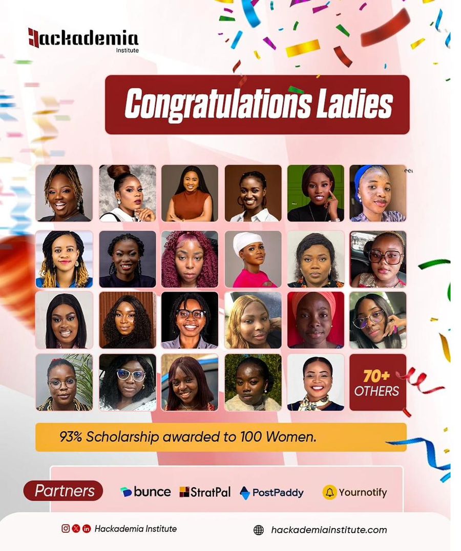 Congratulations Ladies. 93% scholarship awarded to 100 women, with partners bunce, StratPal, PostPaddy and Yournotify.